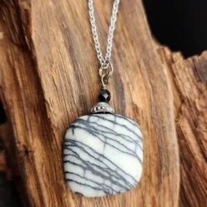 Vintage Spider Web Jasper Pendant 1" Square 18" Silvertone Cable Necklace